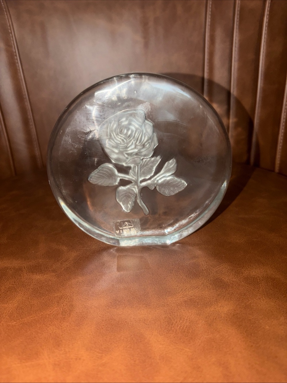 Vikin Art Glass Paperweight Reverse Etched Rose Round Dome Clear